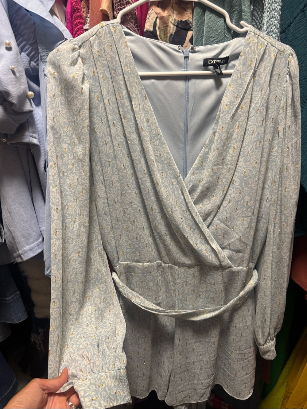 Express Women's Pale Blue Floral Wrap Tunic Dress with Cream Accents